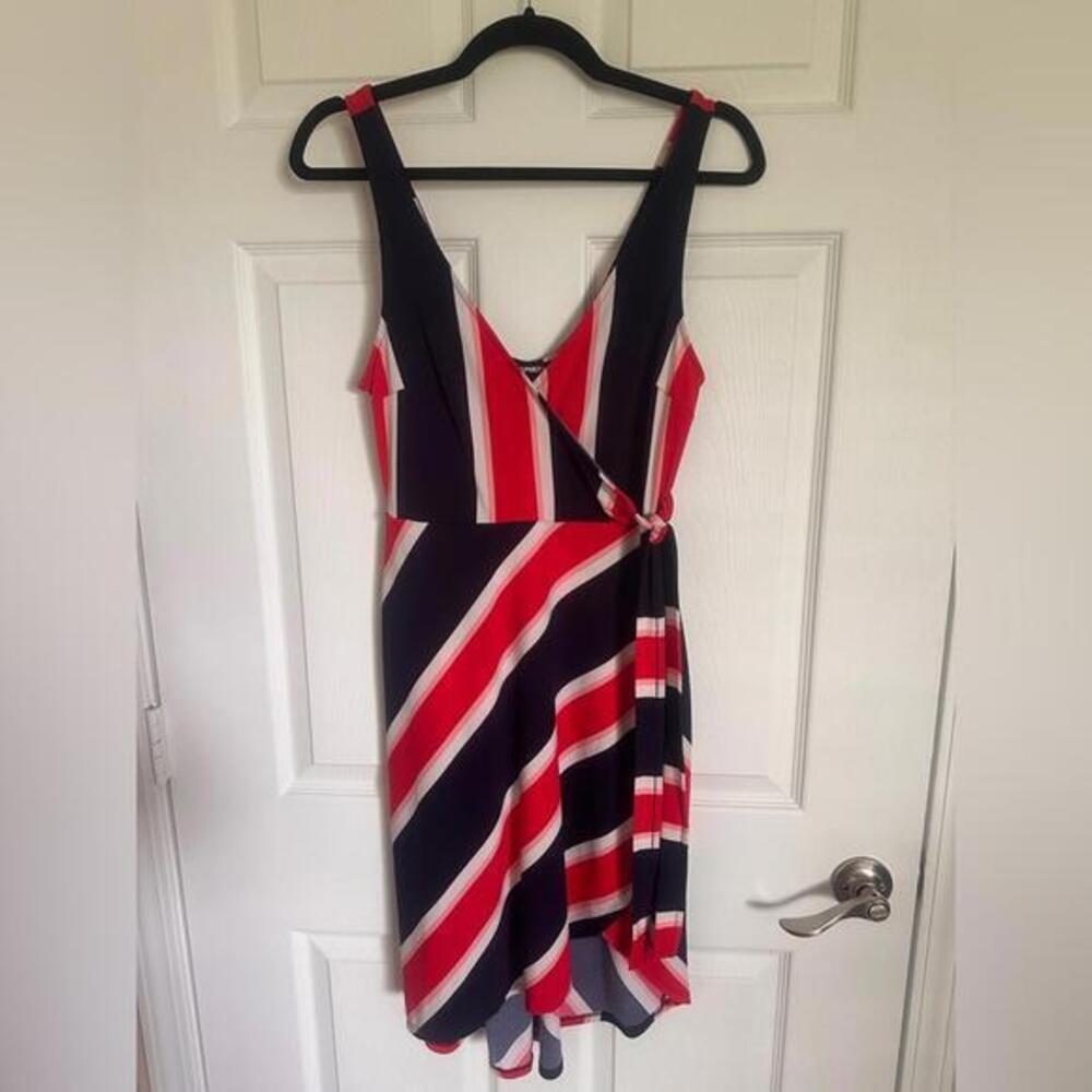 Express Asymmetrical Red and Blue Faux Wrap Striped Dress